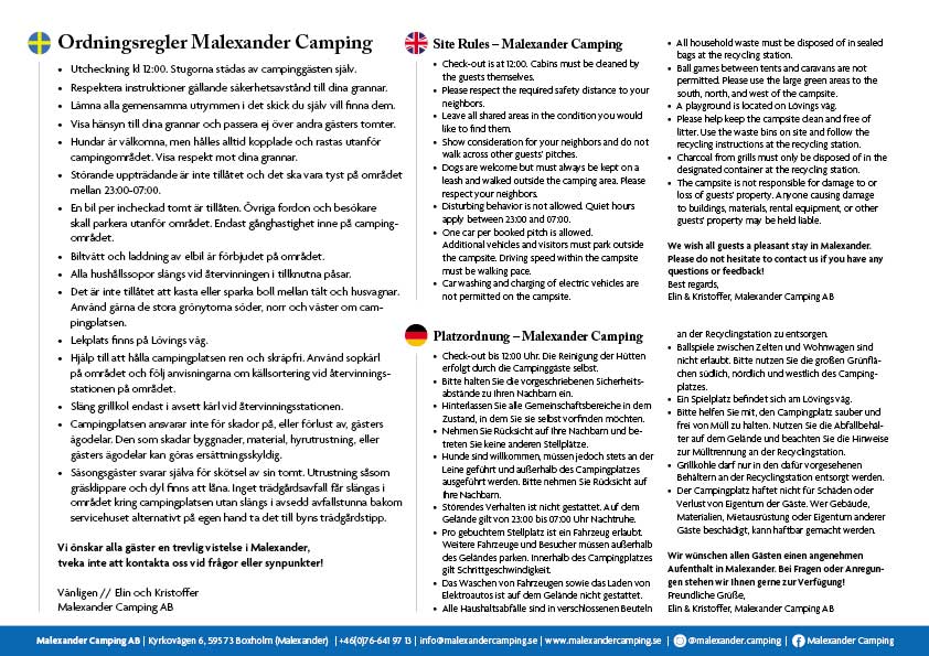 Ordningsregler Malexander Camping